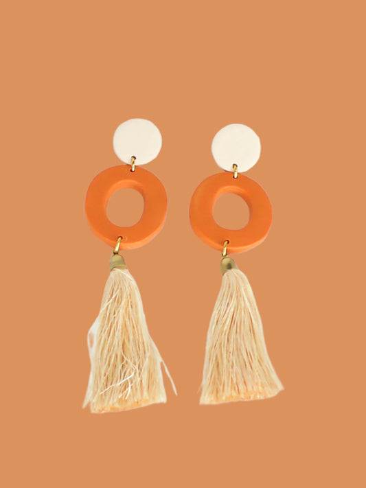 Long lightweight 3 tier tassel statement earrings with a polymer clay beige stud, connected to a terracotta hoop & a beige tassel
