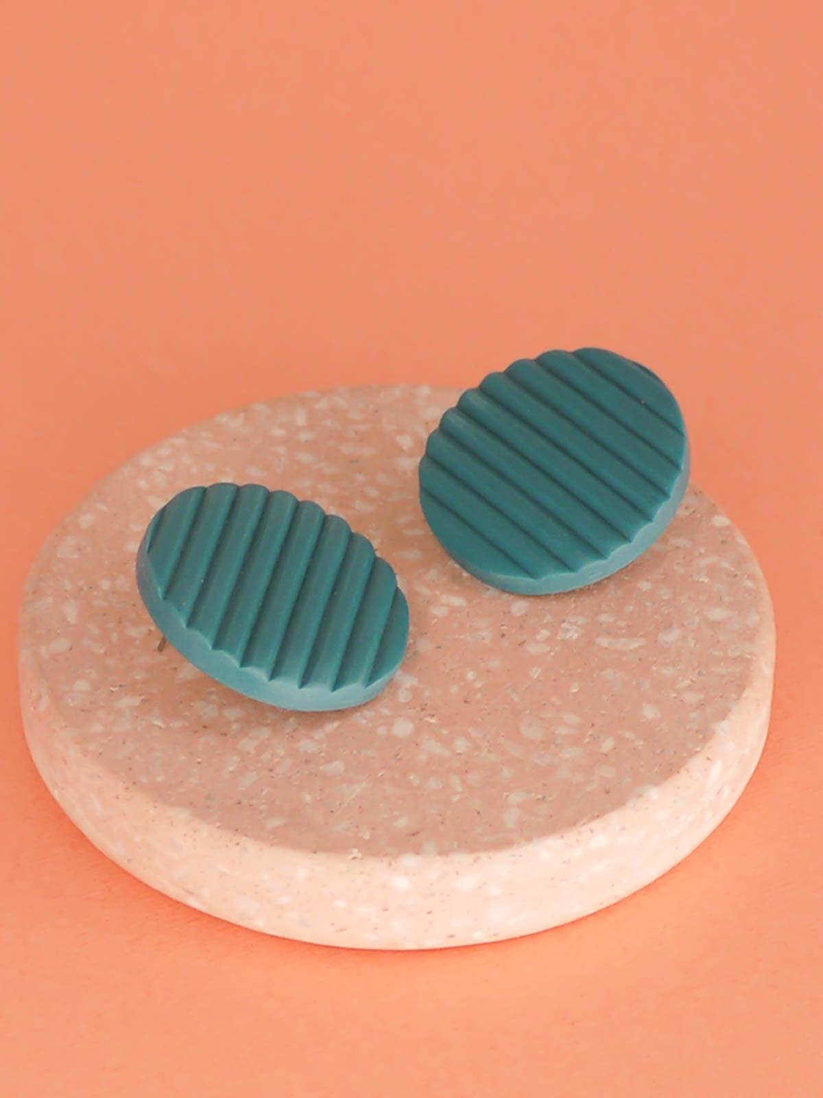 Polymer clay turquoise disk stud statement earrings with textured stripe pattern