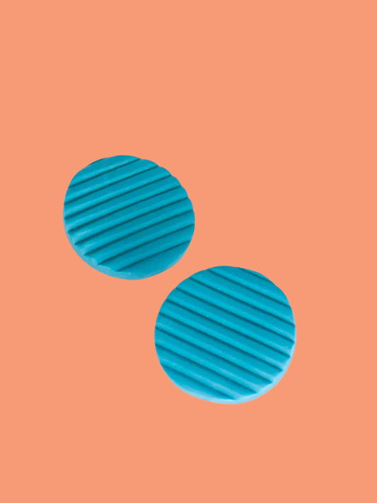 Polymer clay turquoise disk stud statement earrings with textured stripe pattern