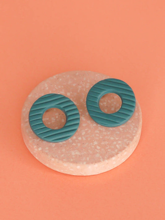 Turquoise hoop stud statement earrings made out of polymer clay with stainless steel posts